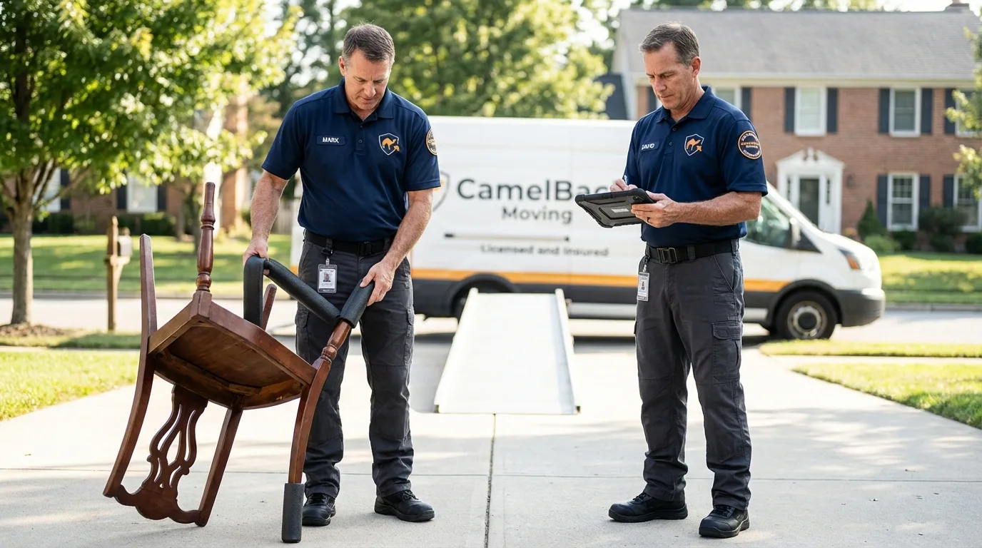 Movers inspecting furniture for damage prevention before loading in Rio Rico, AZ