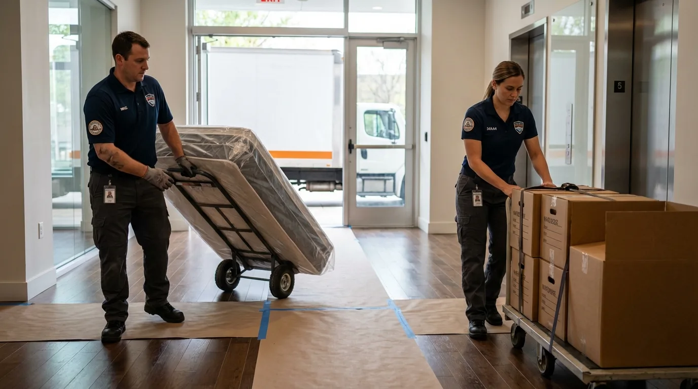 Professional apartment movers loading elevator in Rio Rico, AZ